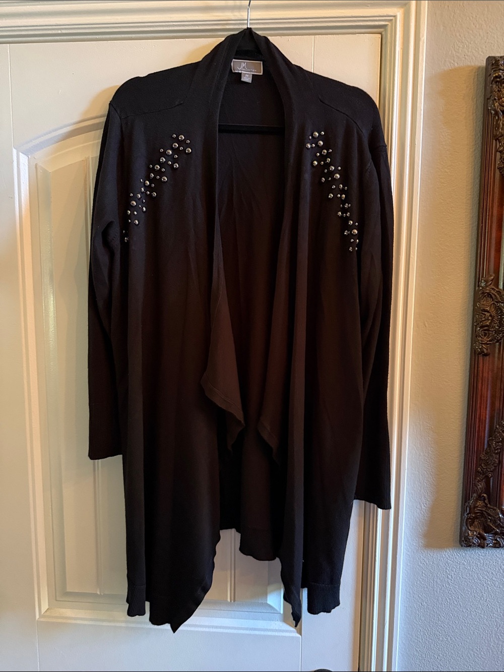 JM Collection Black Open-Front Cardigan with Shoulder Studs